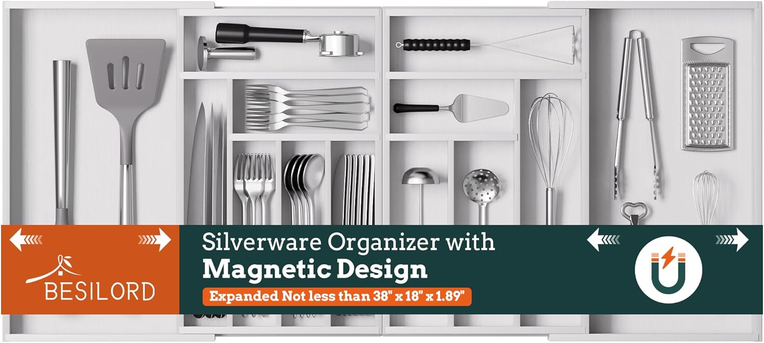 Magnetic Expandable Silverware Organizer for Kitchen Drawers