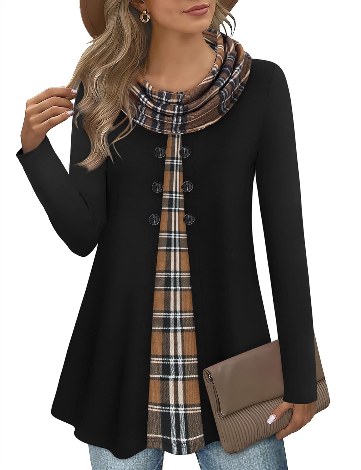 Bebonnie Womens Long Sleeve Cowl Neck Tunic Tops for Fall