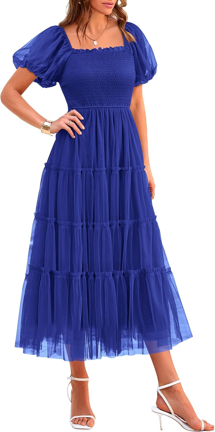 PRETTYGARDEN Women's Smocked Midi Tulle Dress for Summer Events