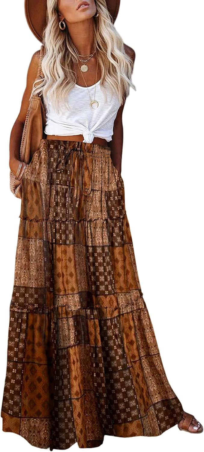 EARKOHA Womens Casual High Waist Tie Maxi Skirt with Pockets