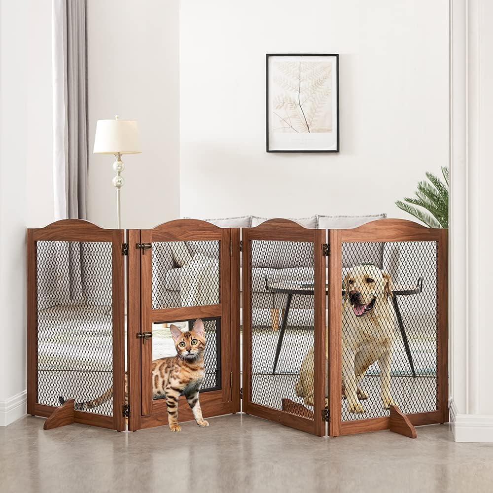 Freestanding Pet Gate with Cat Door for Dogs and Cats