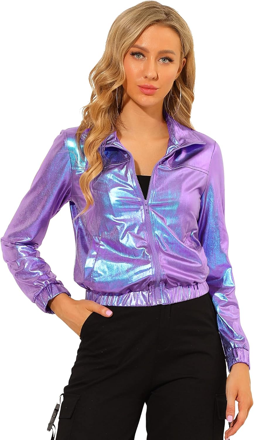 Allegra K Women's Holographic Shiny Party Long Sleeve Jacket