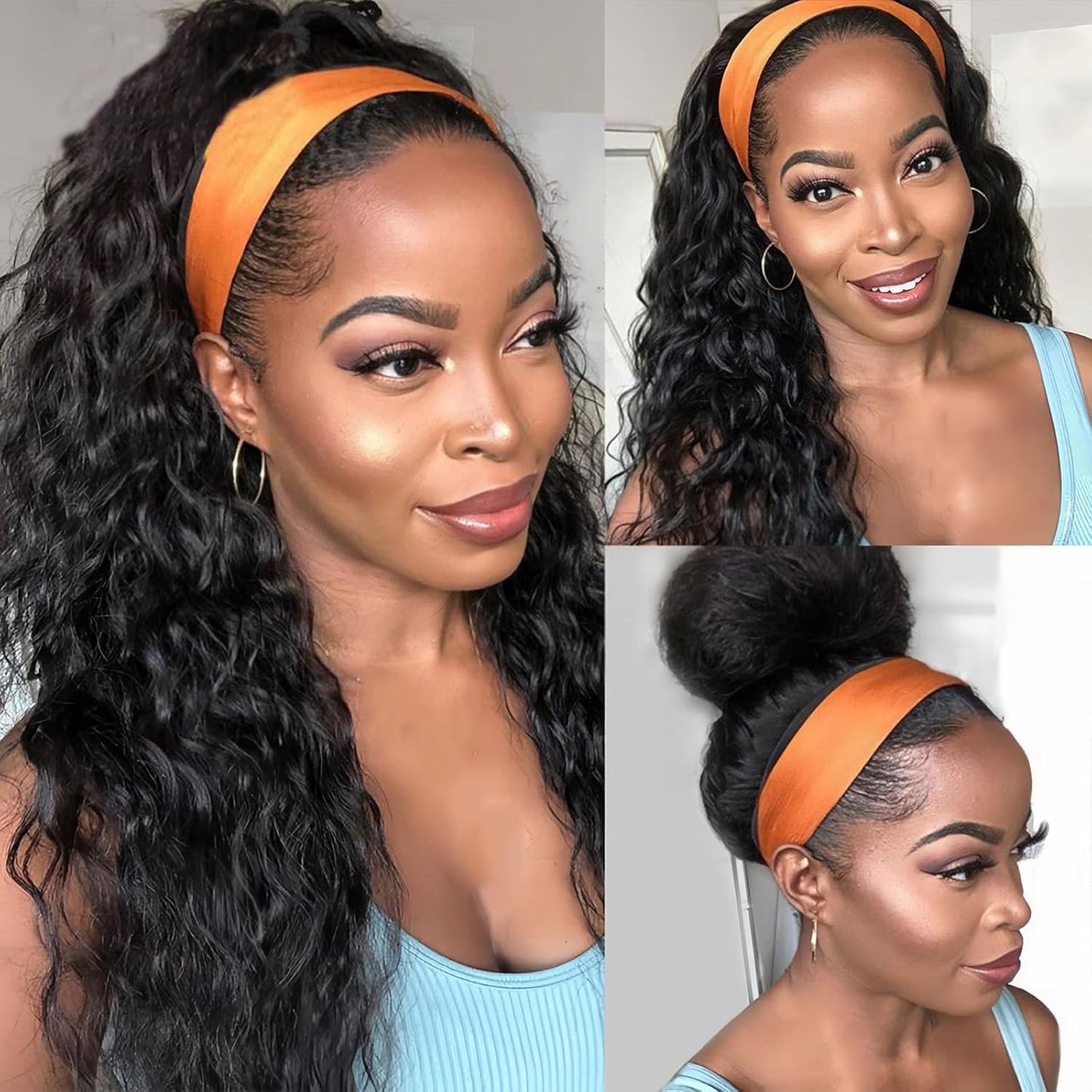 Curly Headband Wig Human Hair 20 Inch Deep Wave for Fashion