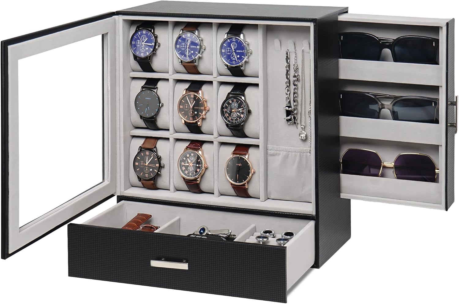 9-Slot Watch Box with Glass Lid and Drawer for Men and Women