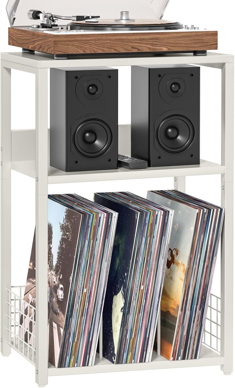 Large White Record Player Stand with Vinyl Storage for Albums