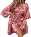 Women's Silk Robe Set V-neck 2 Piece Satin Bathrobe Set - With Pockets