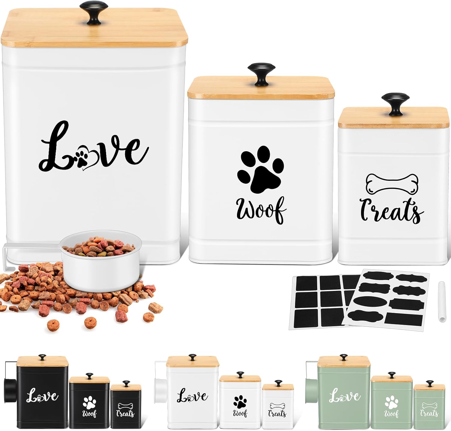 Metal Dog Treat Containers Set of 3 with Bamboo Lids for Storage