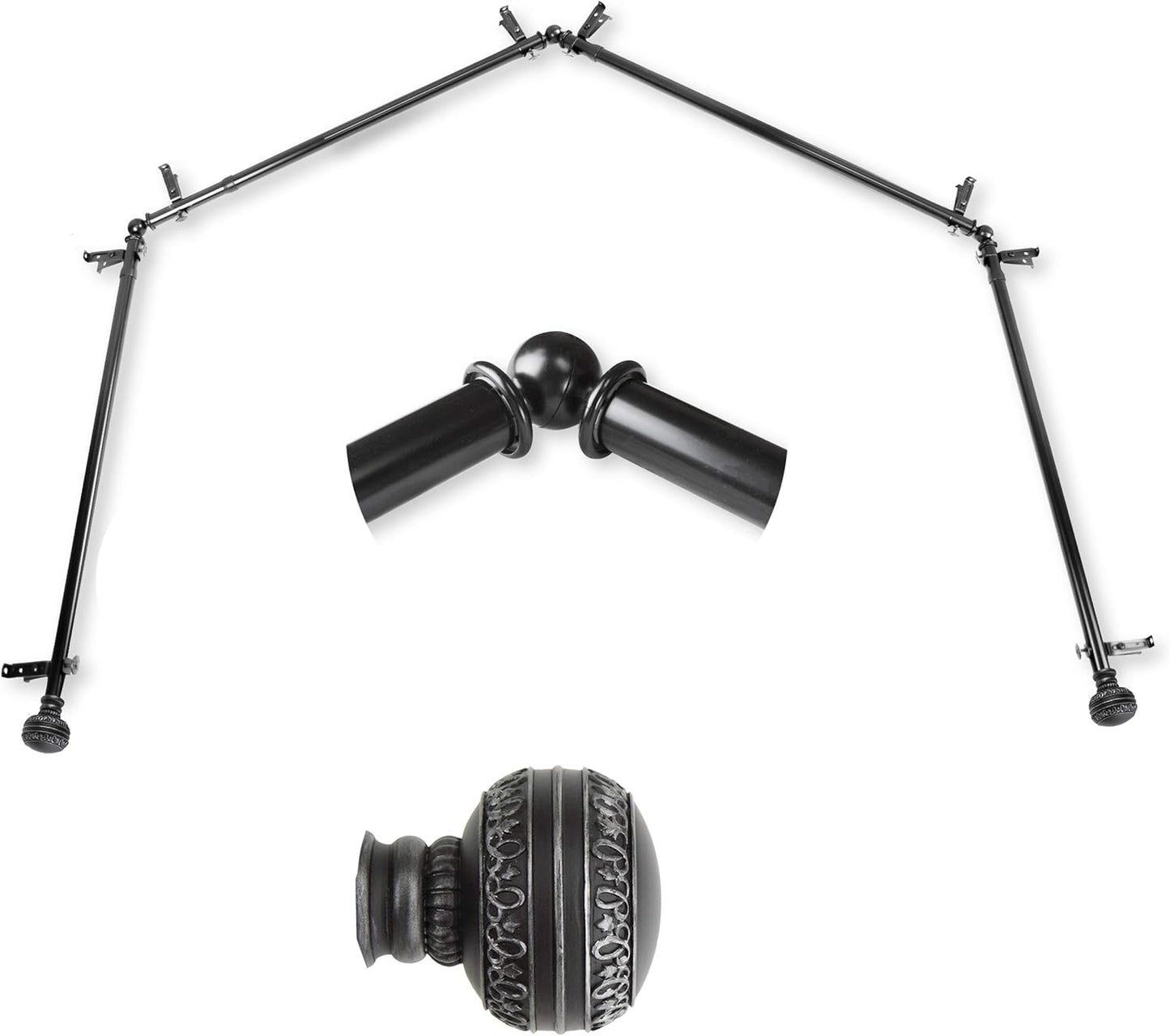 A&F Rod Dcor - Black Bay Window Curtain Rod 28-48 inch - Elegant 4-Sided Design