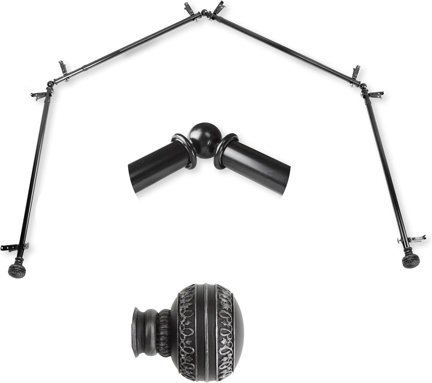 A&F Rod Dcor - Black Bay Window Curtain Rod 28-48 inch - Elegant 4-Sided Design