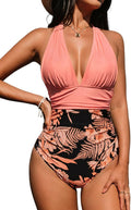 Women V Neck One Piece Swimsuit Halter Backless - Tummy Control