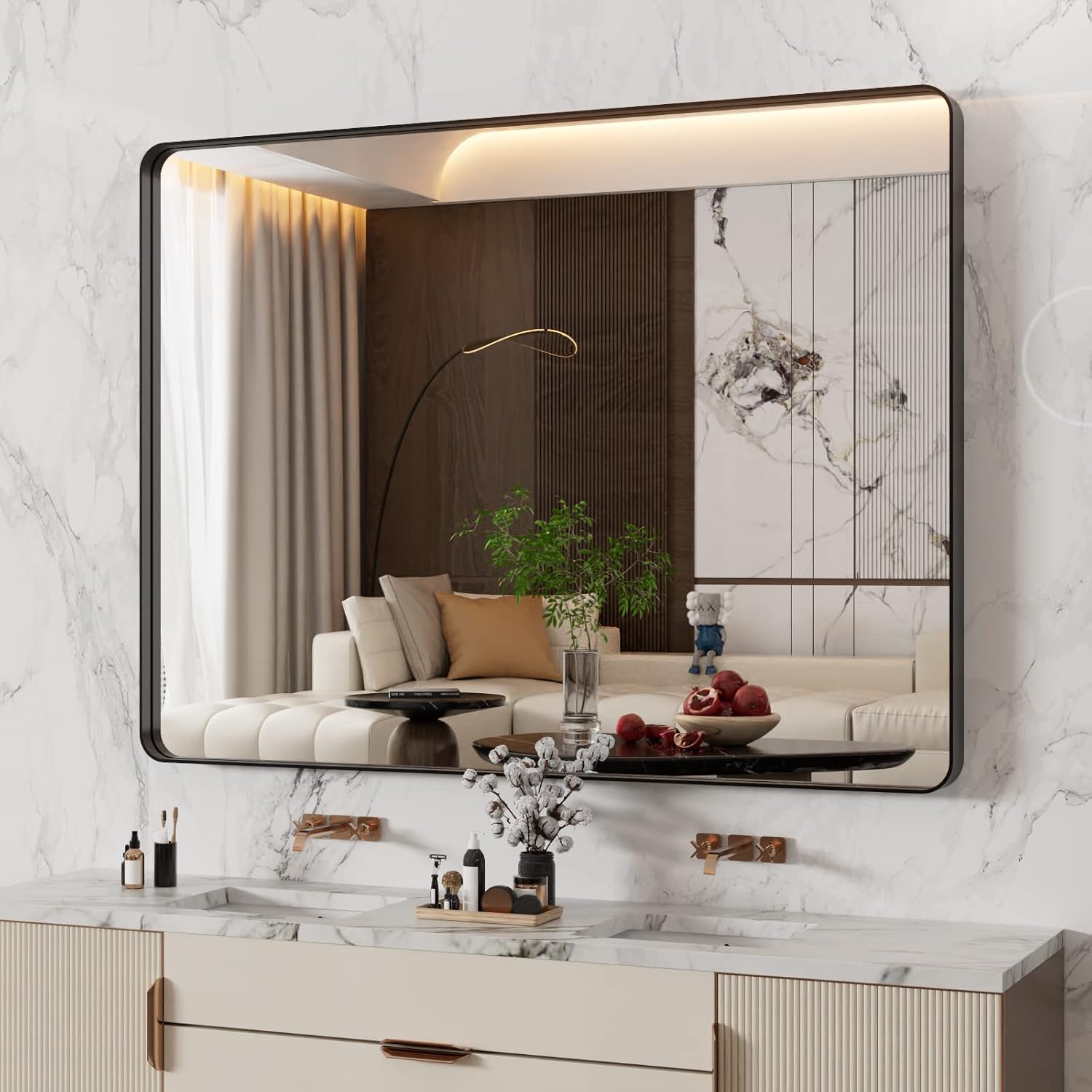 WEER Black Bathroom Mirror 48X36 Inch for Modern Spaces