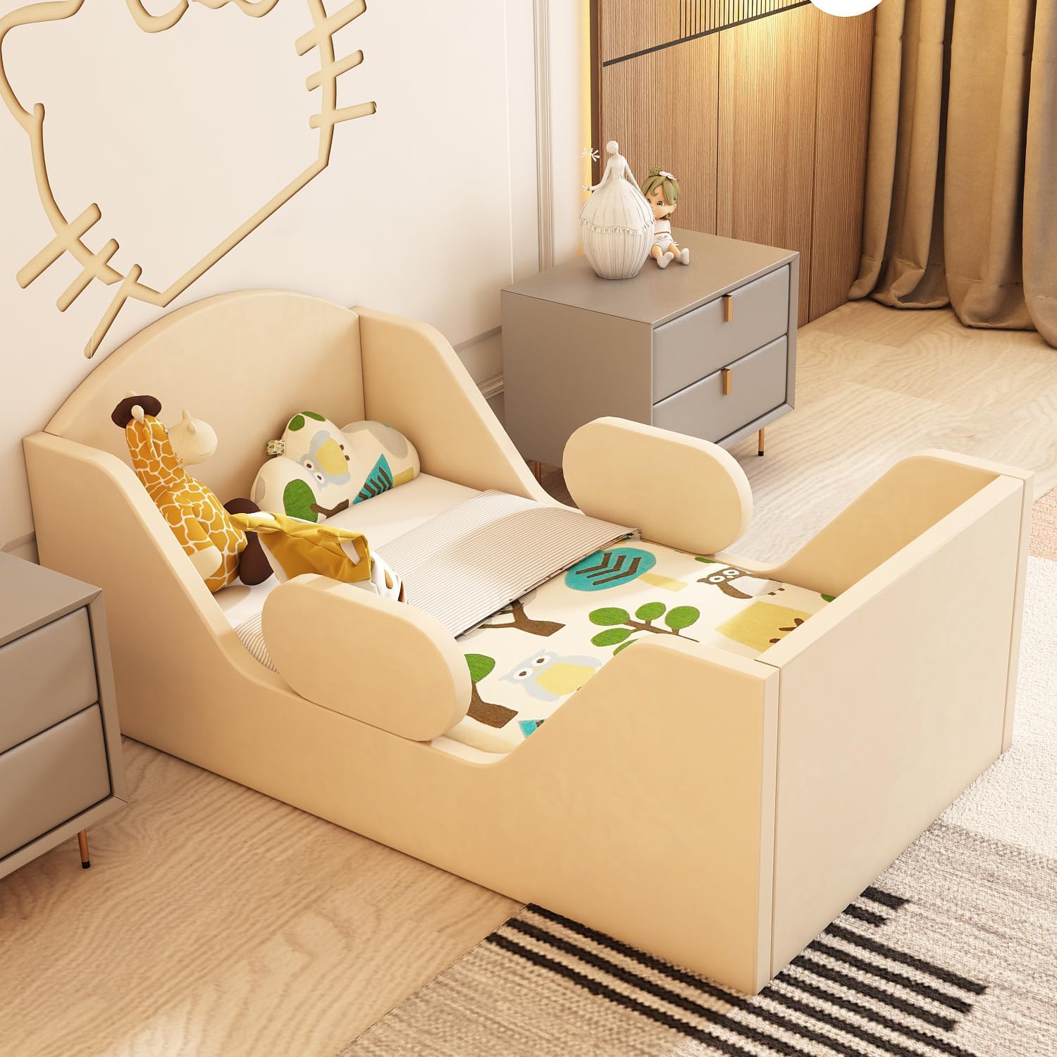 Toddler Bed Round with Rail and Upholstered Headboard for Kids