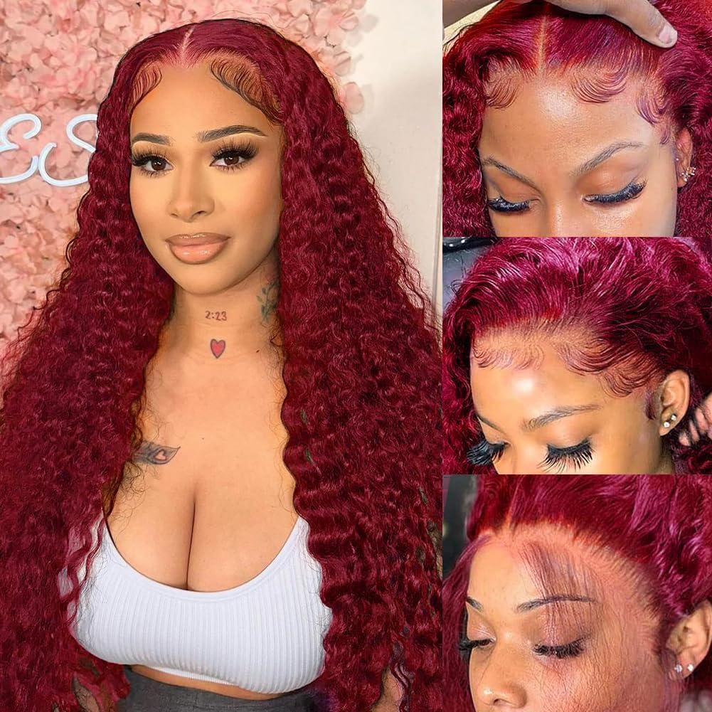 250% Density Burgundy Deep Wave HD Lace Front Wigs for Women