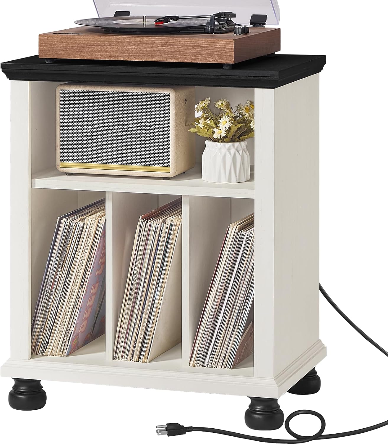 Mid-Century Record Player Stand with Charging Station for 200 Albums