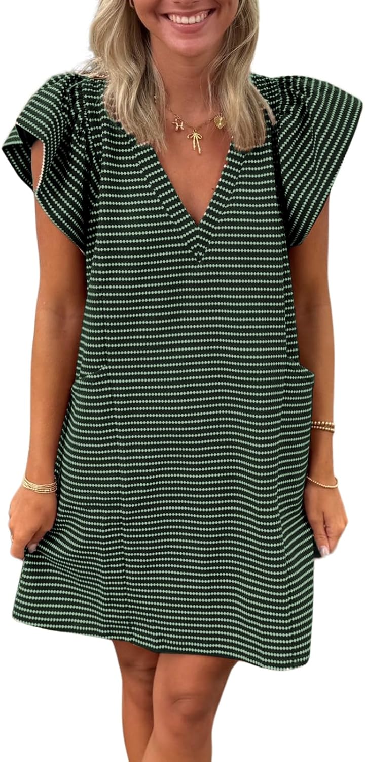 Striped V-Neck Mini Dress for Women with Puff Sleeves