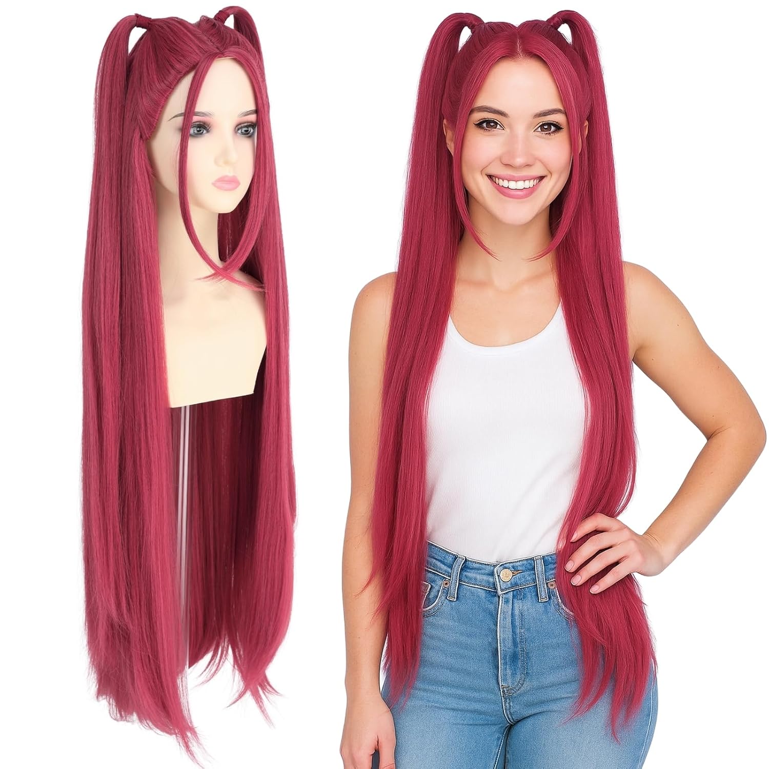 Long Red Wig with 2 Ponytails for Women - Perfect for Cosplay