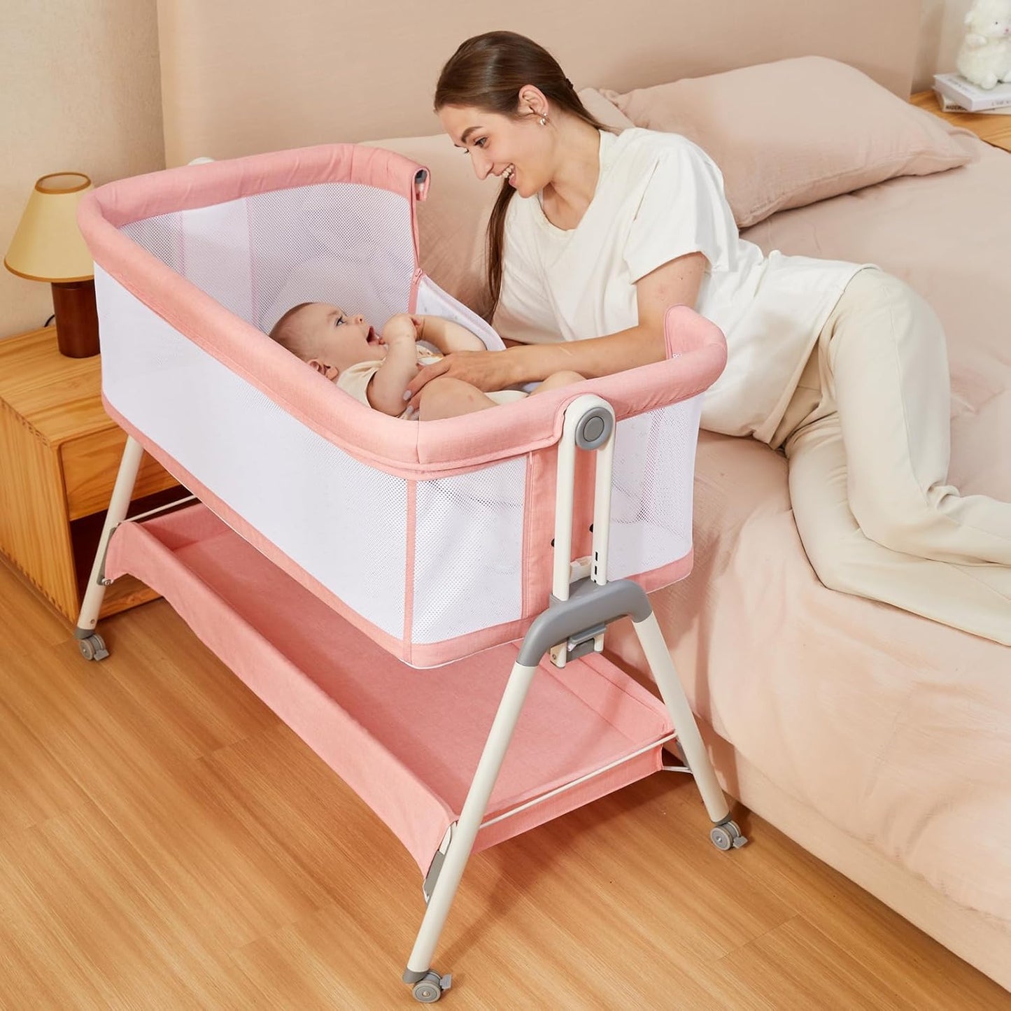 ANGELBLISS Baby Bassinet Bedside Crib with Storage and Wheels