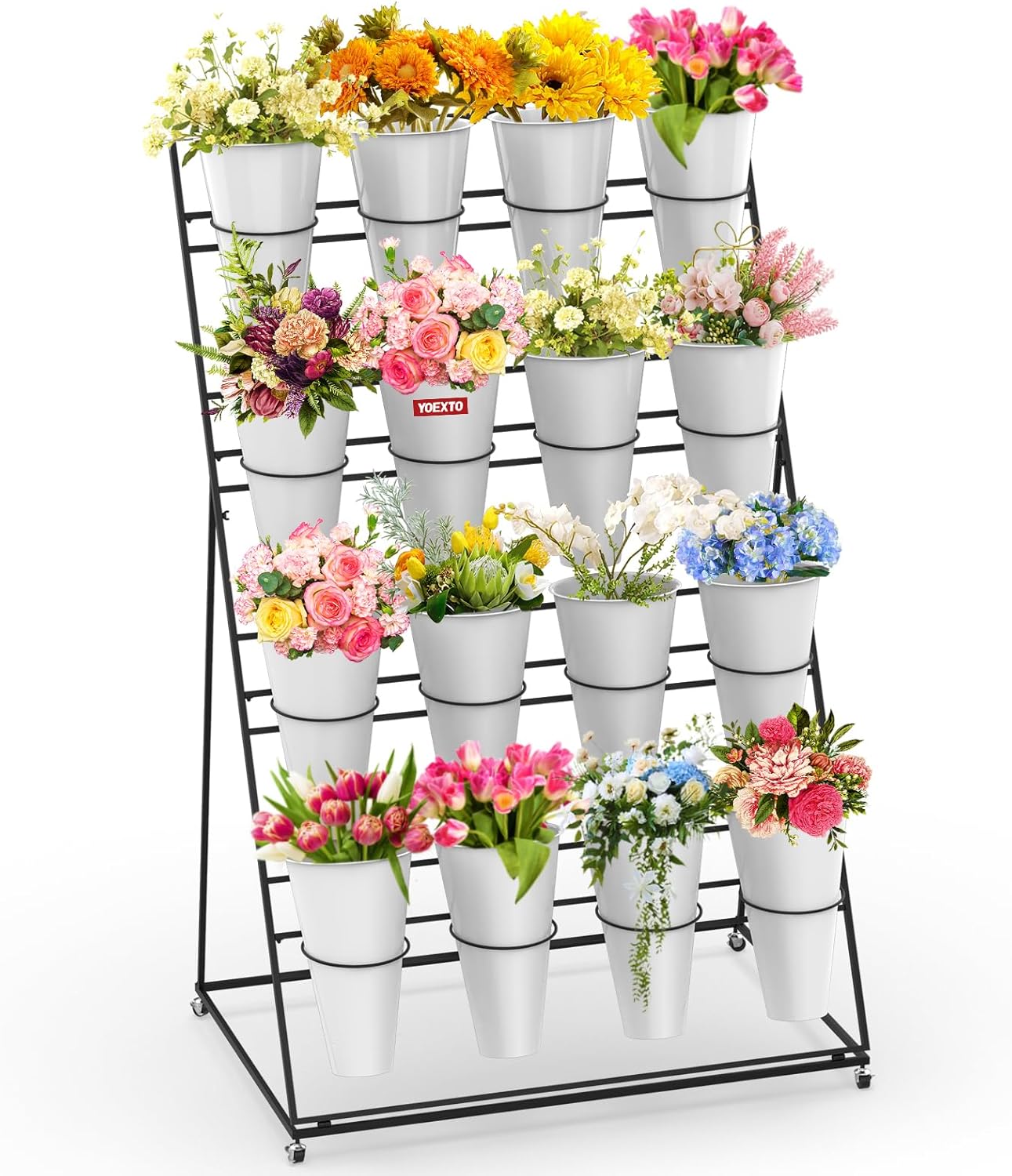 Flower Display Stand with 4 Layers and 16 Round Buckets