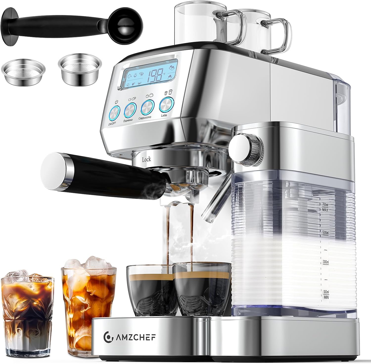 AMZCHEF Espresso Machine: 20 Bar, LCD Display, Milk Frother