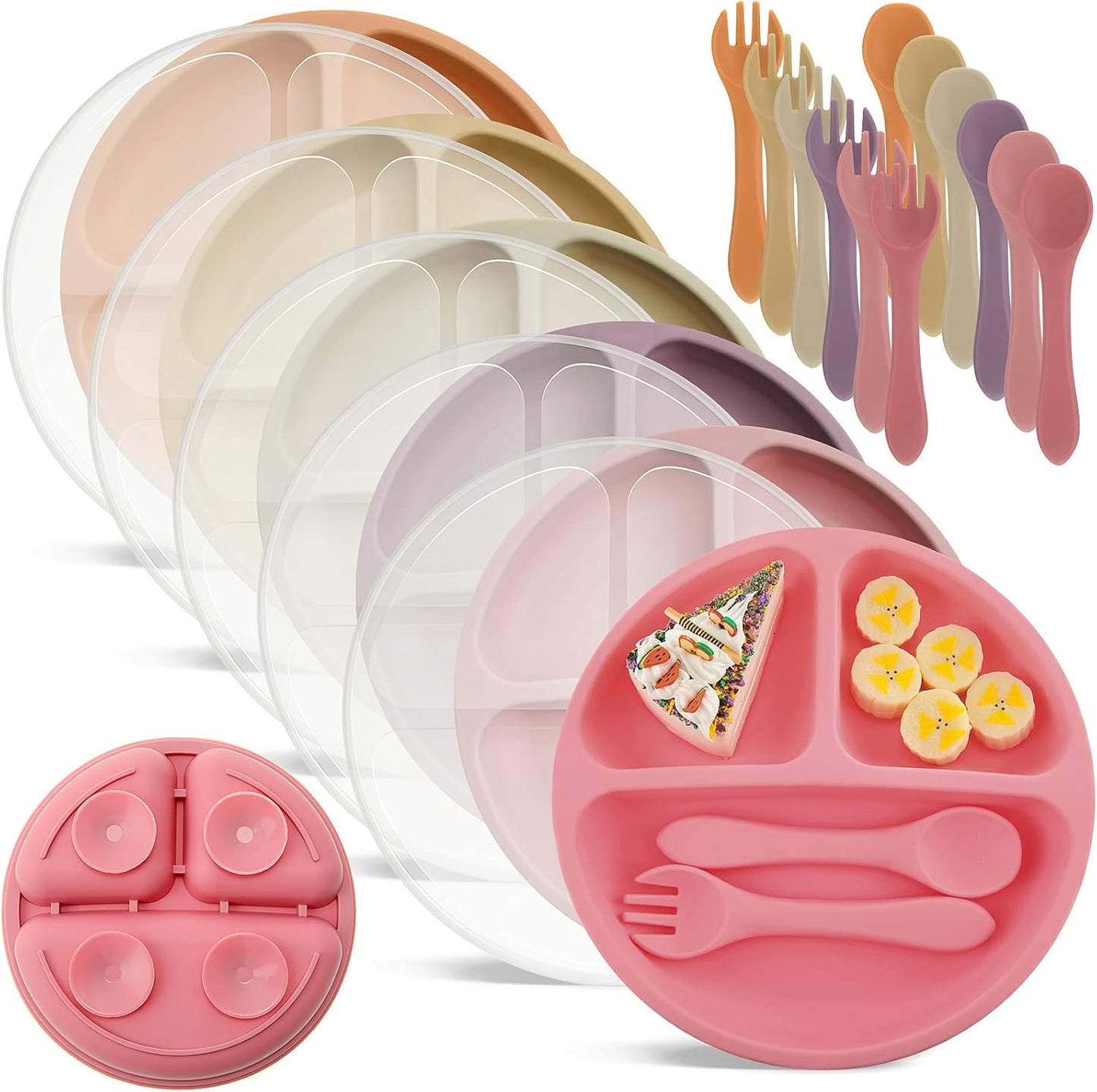 Meanplan 6 Pack Suction Plates for Toddlers with Lids