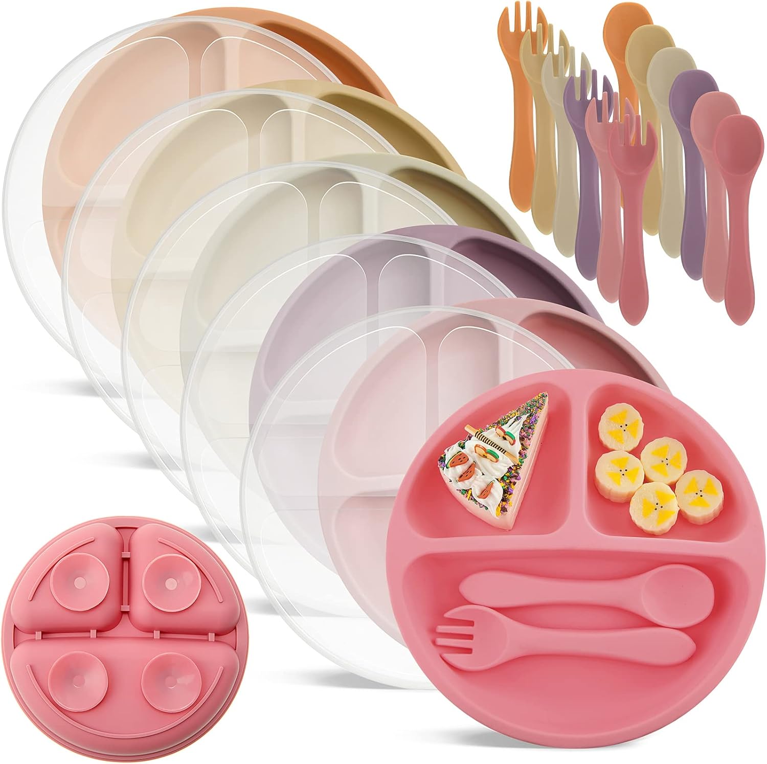 Meanplan 6 Pack Suction Plates for Toddlers with Lids