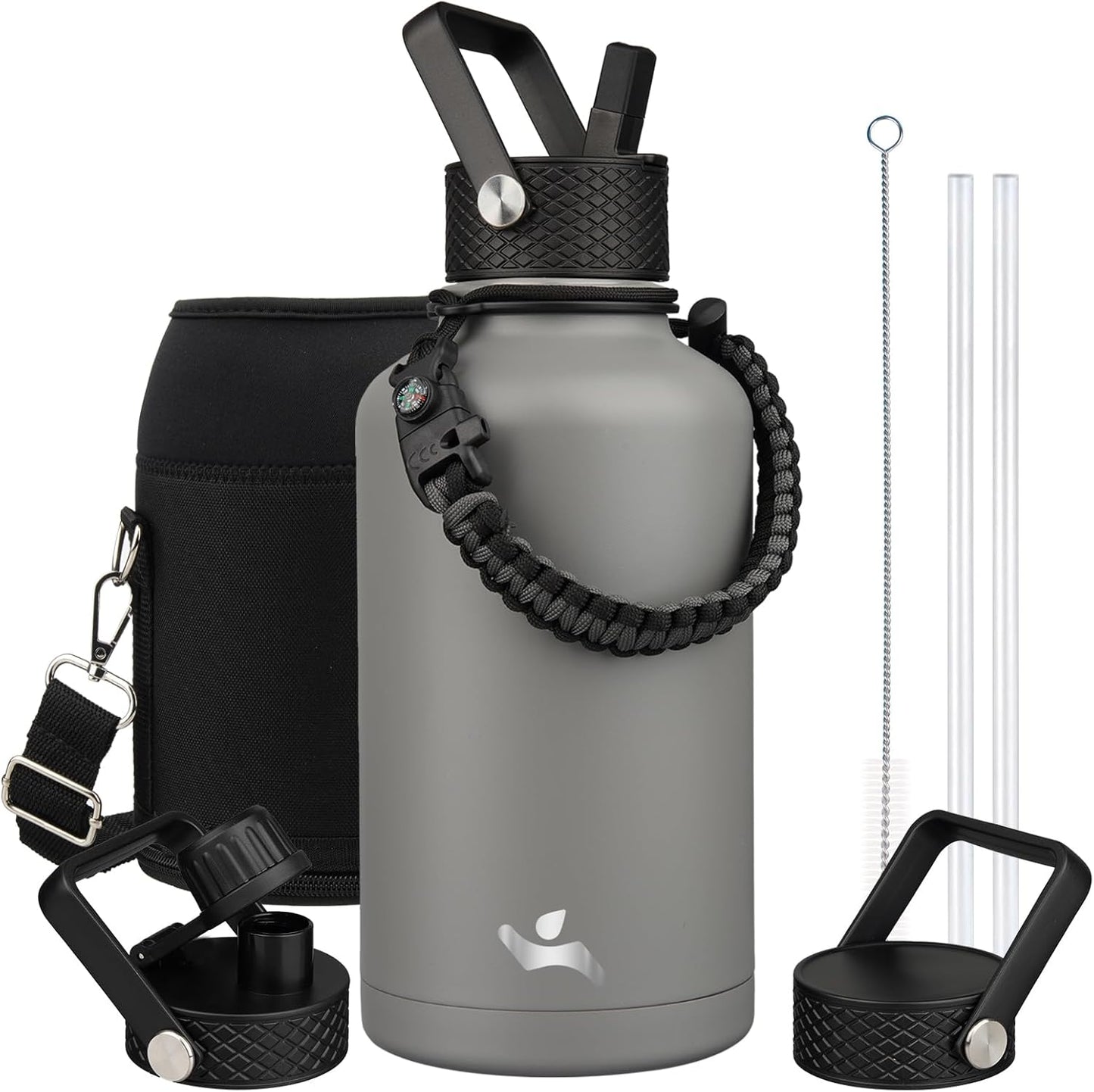 Half Gallon Insulated Water Bottle with Straw and 3 Lids