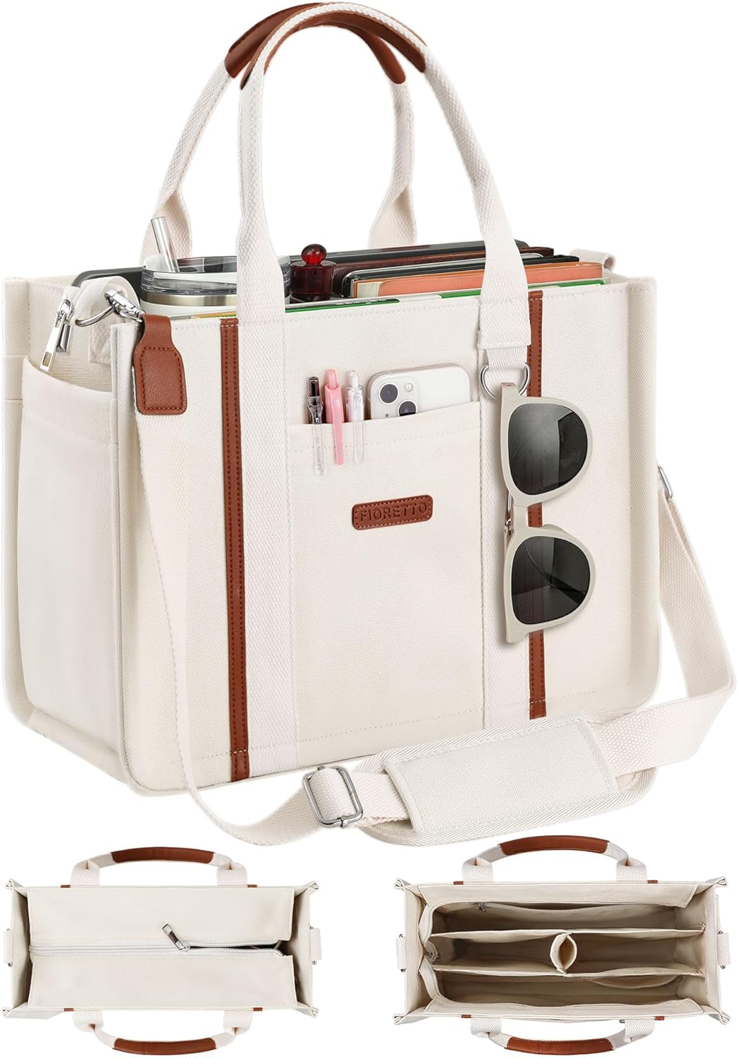 FIORETTO Womens Canvas Tote Bag with Zipper for Work & Travel