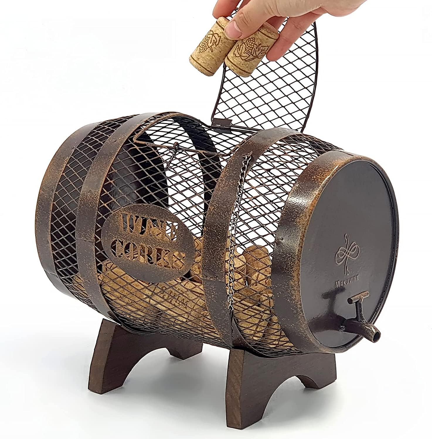 Rustic Metal Large Barrel Wine Cork Holder for Home Decor
