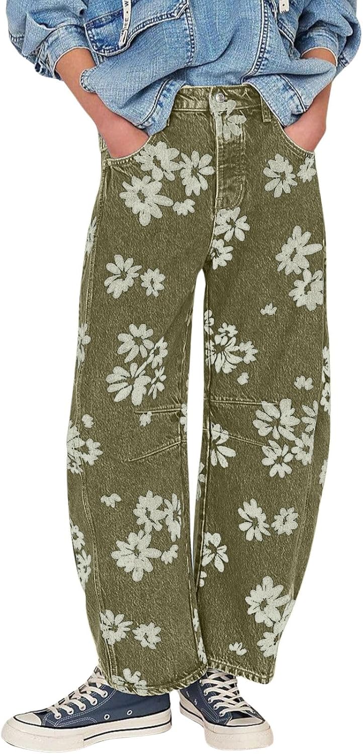 Y2k Distressed Barrel Jeans for Women - Floral Printed Baggy Style