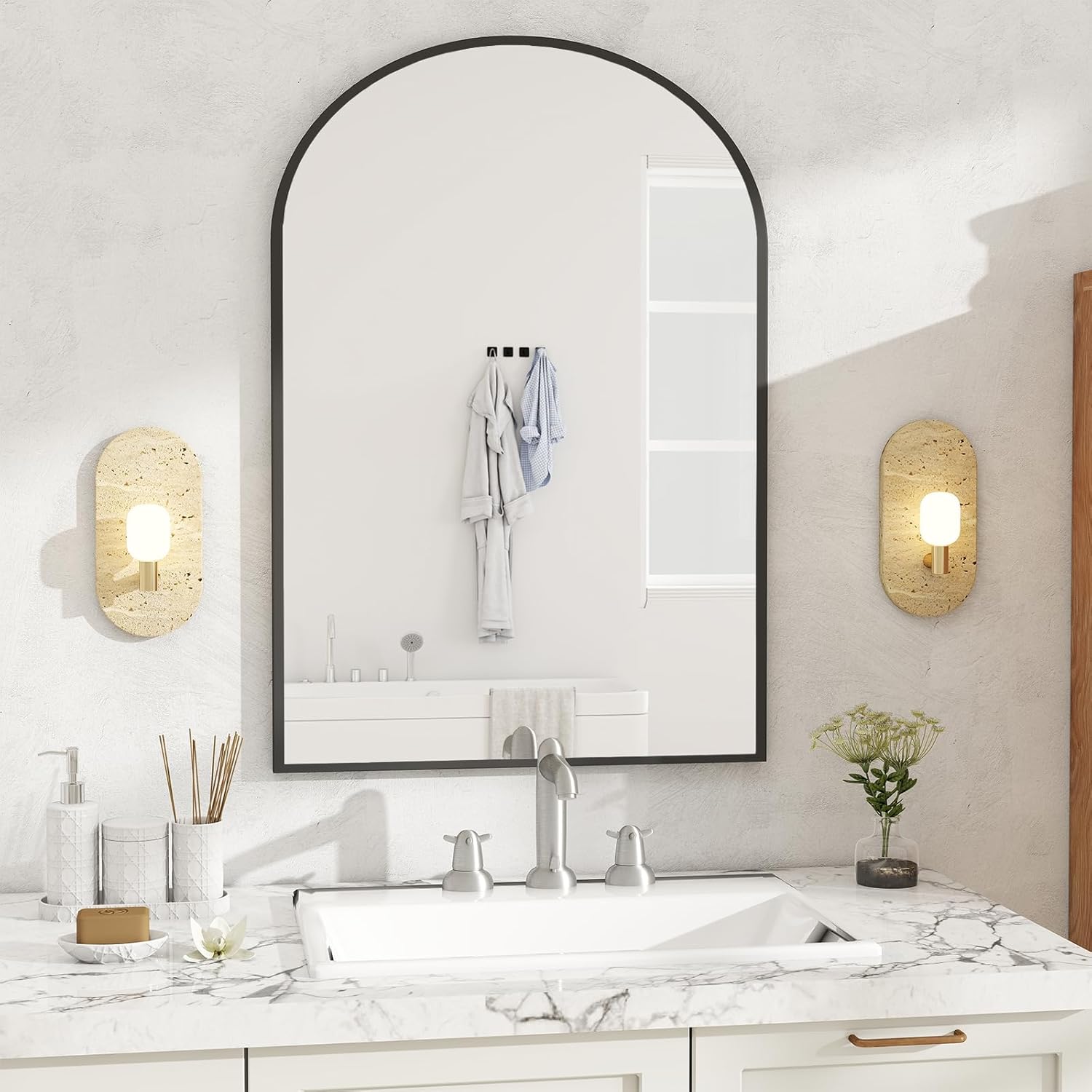 DUMOS Black Metal Arch Vanity Mirror for Modern Bathroom Decor