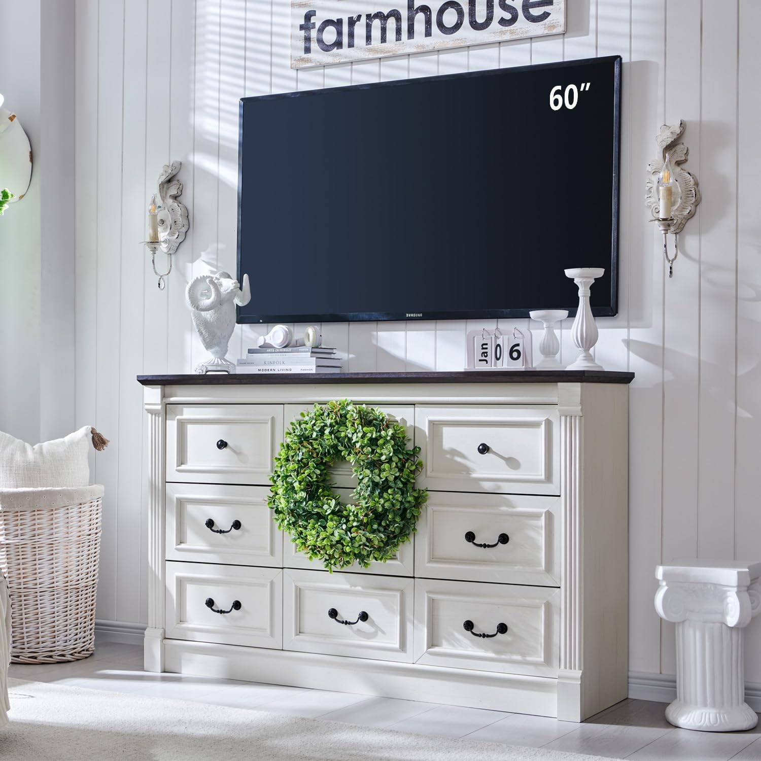 Farmhouse 9 Drawers Dresser for Bedroom with Roman Columns