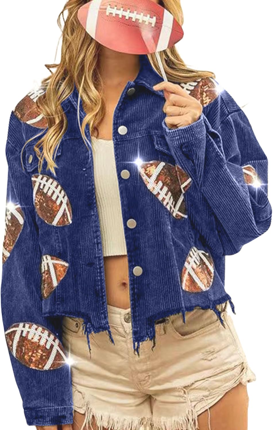 SeekMe Women's Cropped Corduroy Jacket with Sequin Patches