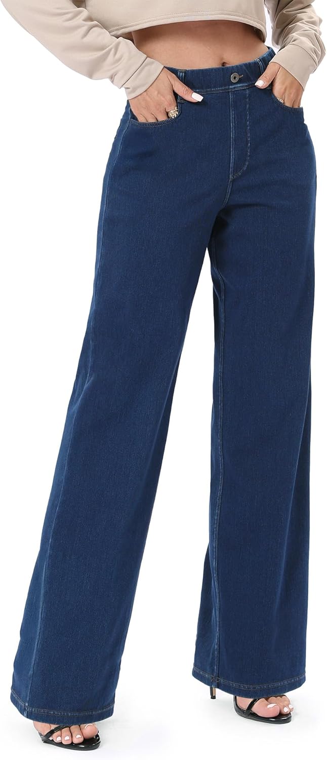 Pull On Jeans for Women High Waisted Wide Leg Stretch Denim