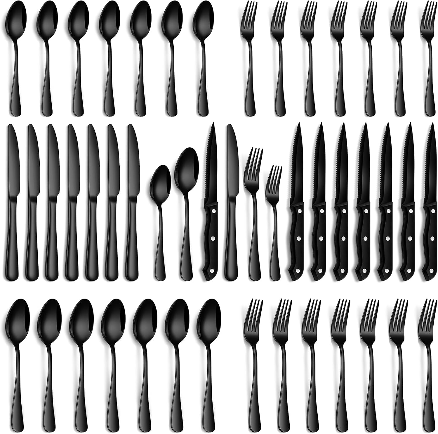 Premium 48-Piece Black Silverware Set with Steak Knives