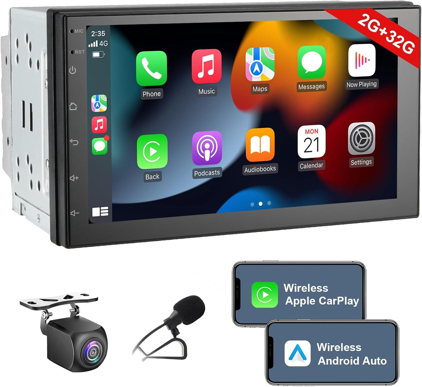 7In Double Din Car Stereo with Wireless CarPlay and Android Auto