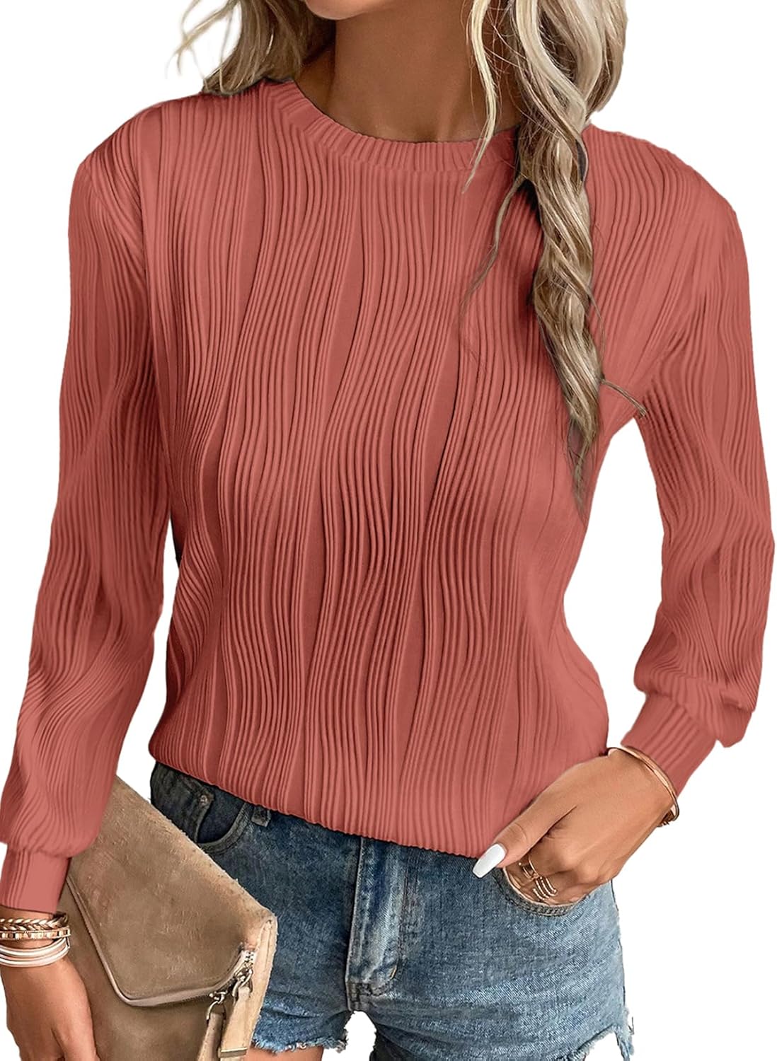 Trendy Dressy Casual Long Sleeve Crewneck Tops for Women