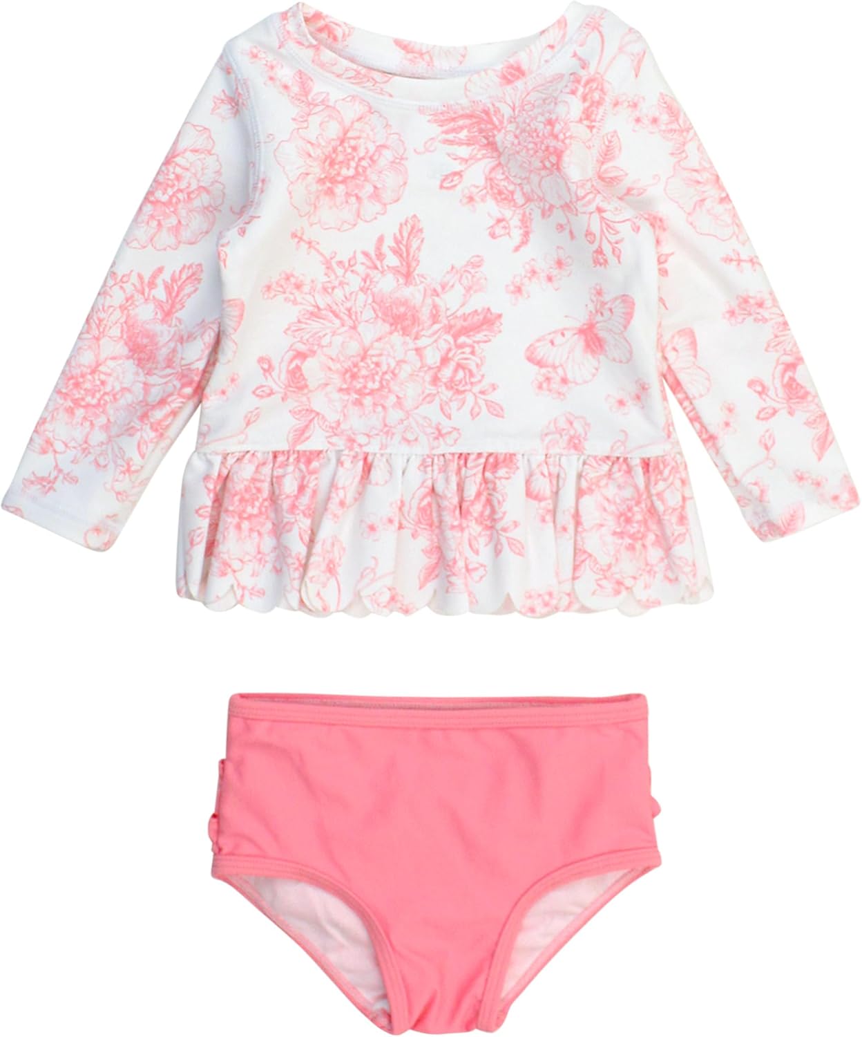 RuffleButts Baby Girls Scalloped Long Sleeve Rash Guard Swimsuit