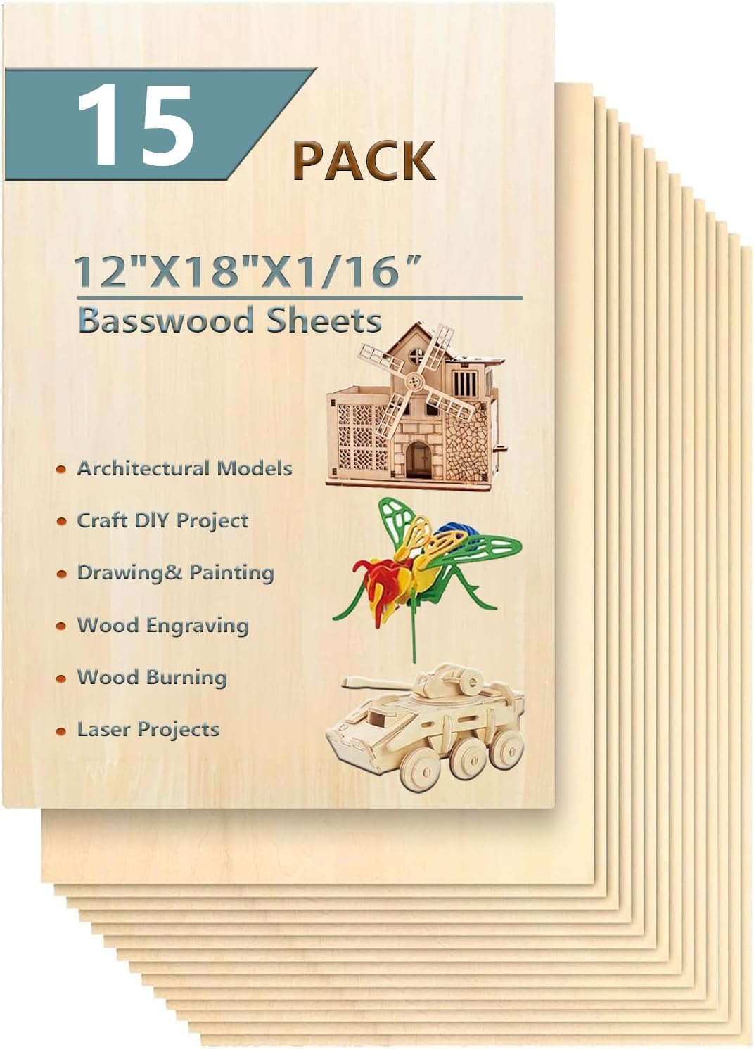 15 Pack 12x18 Basswood Sheets for Crafts - Thin Plywood Sheets