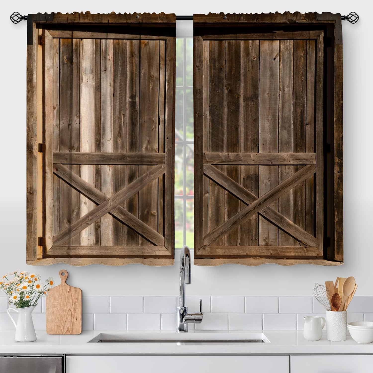 Aimego Farmhouse Wood Kitchen Curtains - Rustic Charm for Cozy Spaces