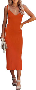 MEROKEETY Womens V Neck Knit Midi Dress for Summer 2025