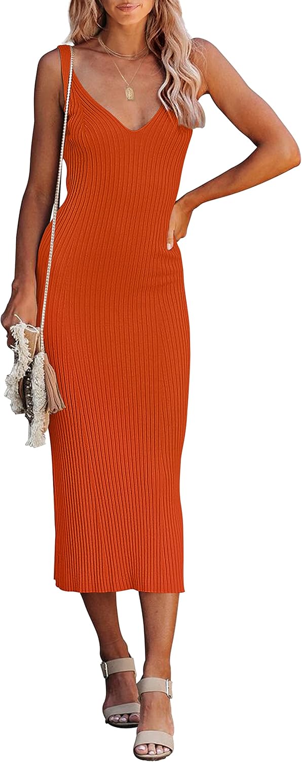 MEROKEETY Womens V Neck Knit Midi Dress for Summer 2025