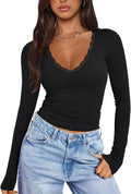 Women Sexy V Neck Lace Long Sleeve Shirt - Fitted Double Lined Top