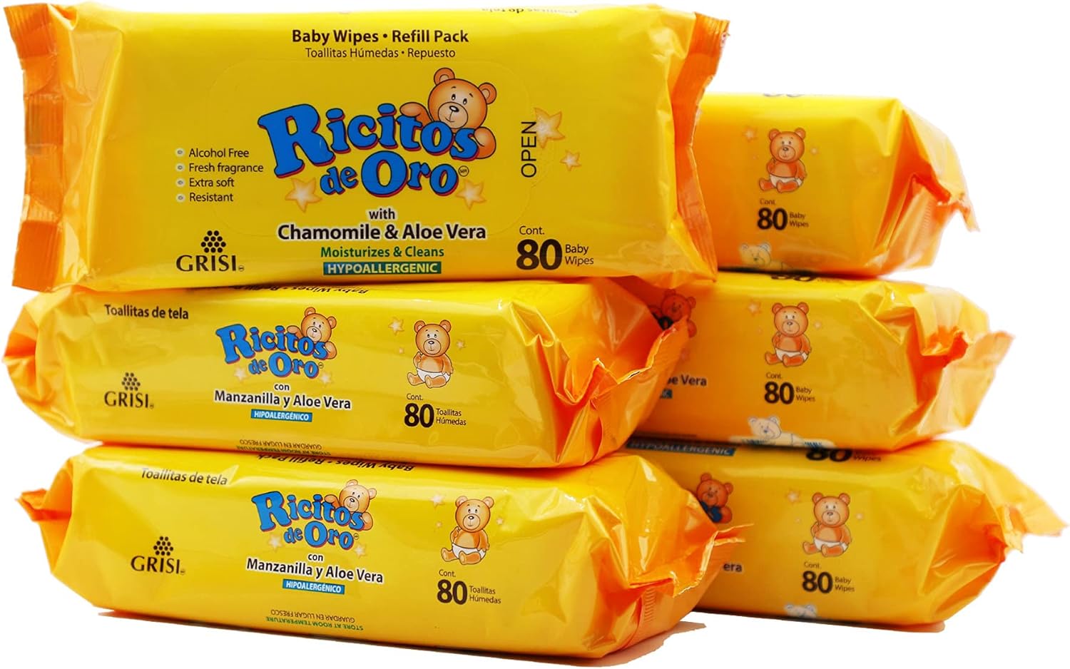 Ricitos de Oro Chamomile & Aloe Baby Wipes - Moisturizing & Cleansing, 6-Pack