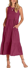 ANRABESS Women's Sleeveless Crewneck Tiered Maxi Dress - Casual