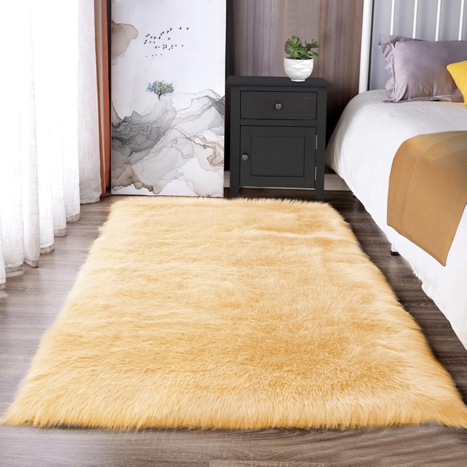 Latepis 3x4 Yellow Faux Sheepskin Rug for Bedroom Decor