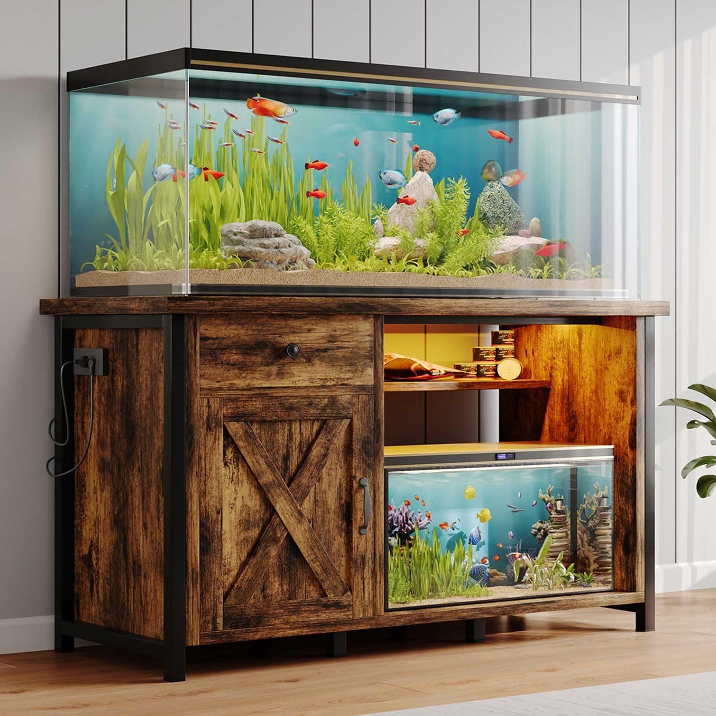 55-75 Gallon Fish Tank Stand with Power Outlets and LED Light