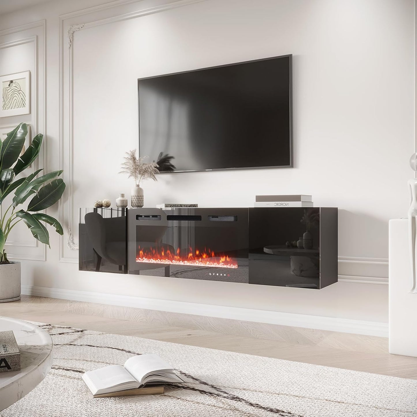 EROMMY 70'' Floating TV Stand w/ Electric Fireplace - High Gloss Finish for TVs up to 80''