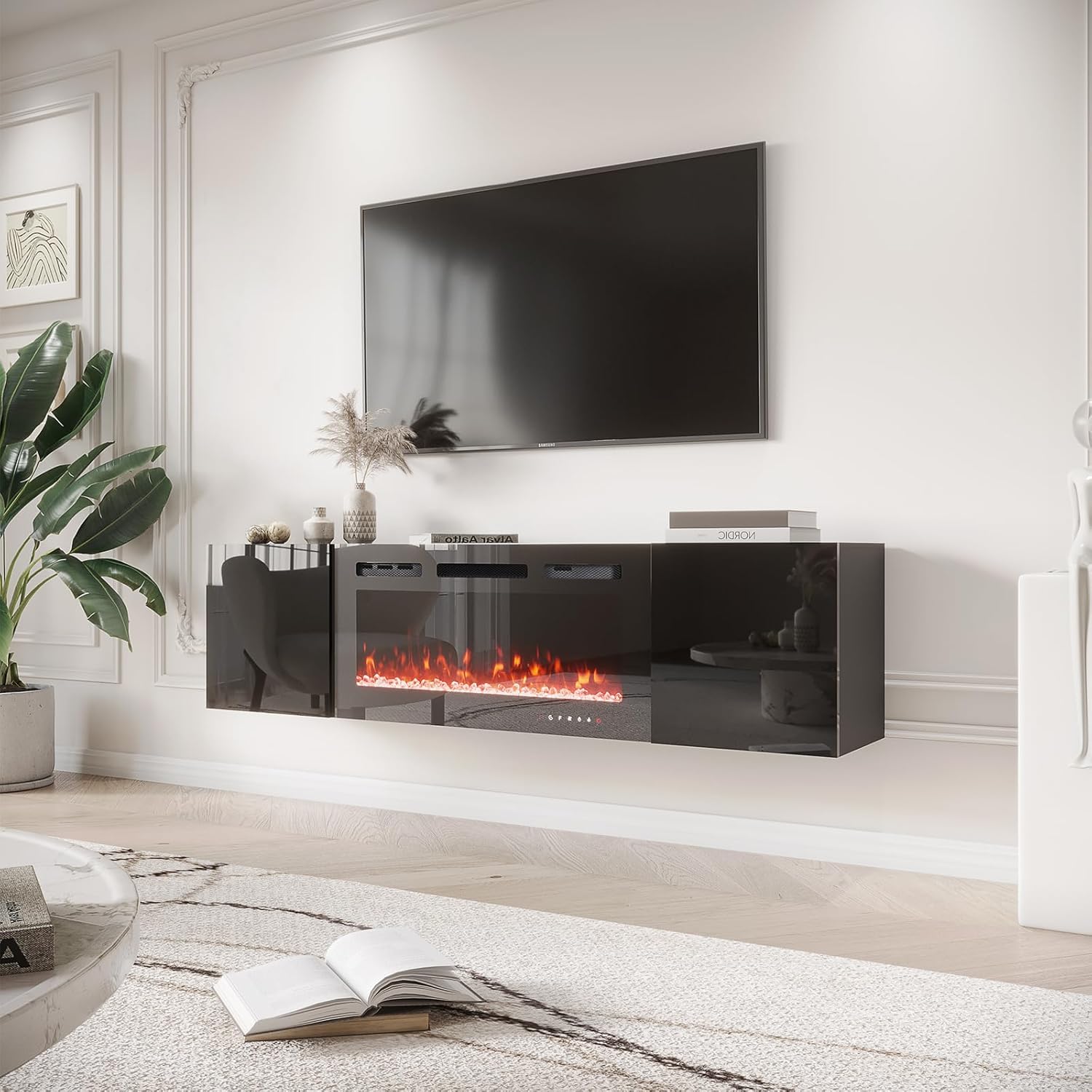 EROMMY 70'' Floating TV Stand w/ Electric Fireplace - High Gloss Finish for TVs up to 80''
