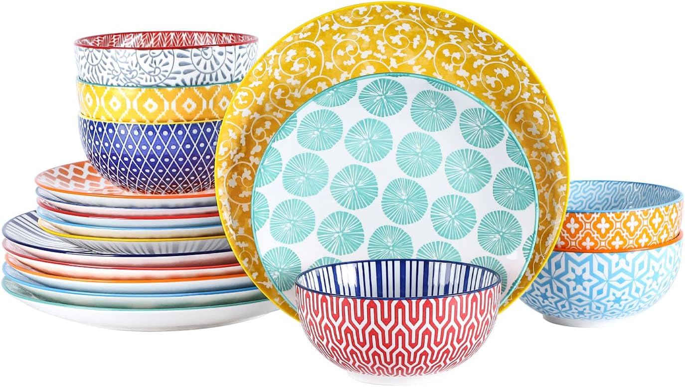 Selamica Ceramic Dinnerware Set for 6 - 18 Pieces Plates & Bowls