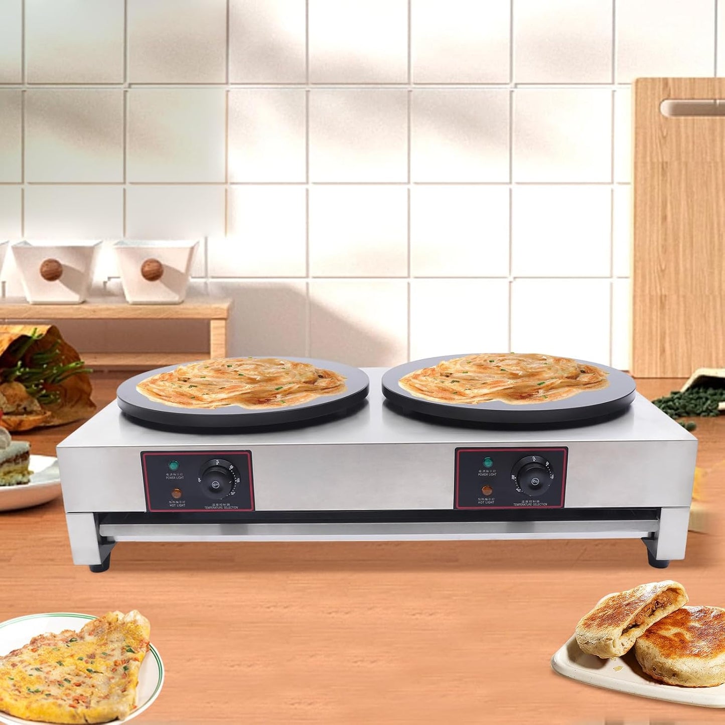 Commercial Double Head Crepe Maker 3400W - Adjustable Temp, Non-Stick Griddle Pan